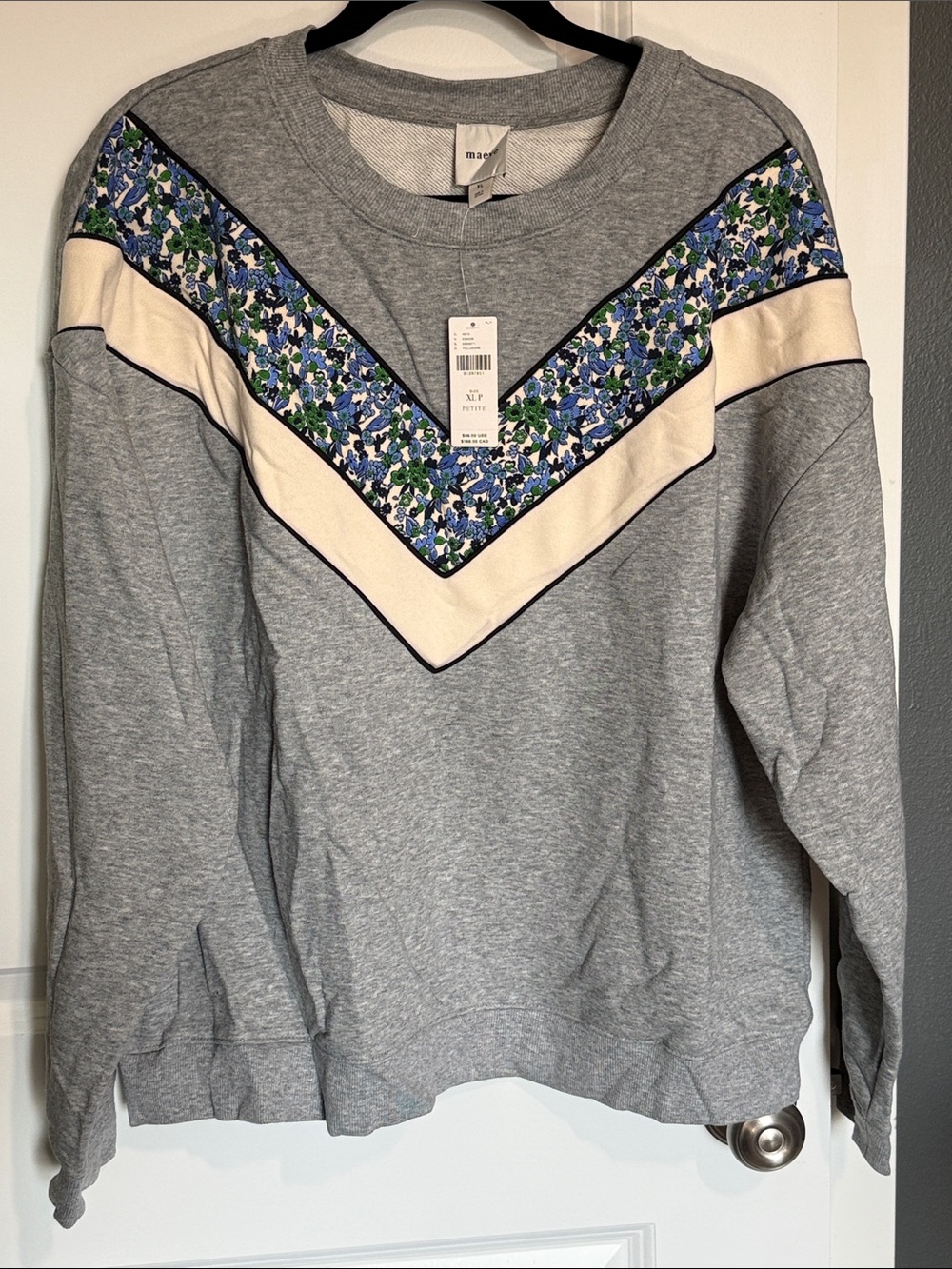 Maeve Gray Crewneck Sweatshirt with Blue, Green & Cream Floral Chevron